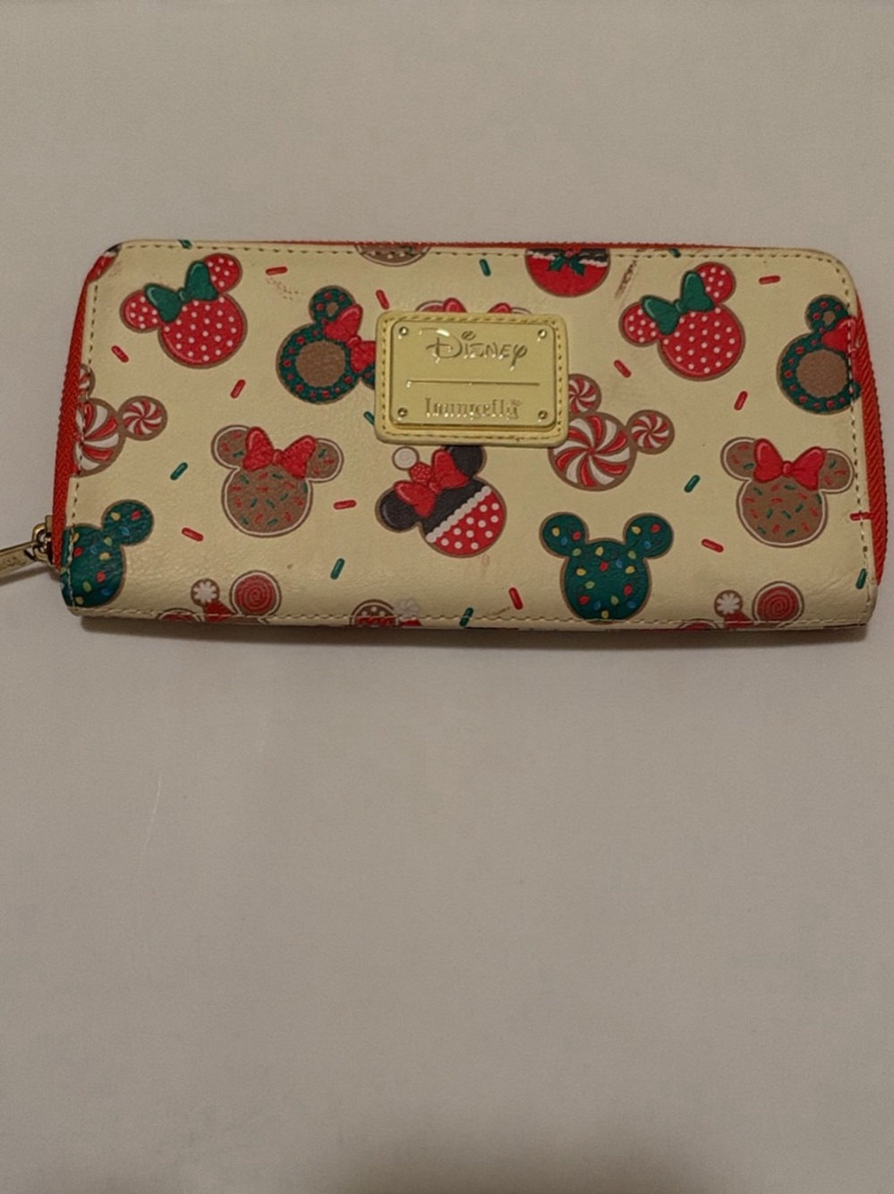 Loungefly Cream Minnie Mouse Candy Zip Wallet with Red & Green Accents